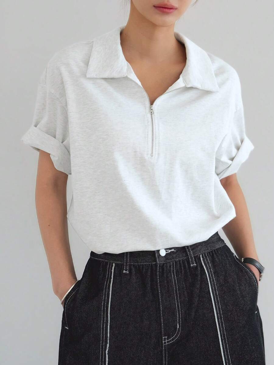 Dazy-Less Women's Simple Casual Open Front Collar Loose Short Sleeve T-Shirt,Business Casual Women,Teacher Outfits - Light Grey - View 1