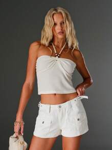 TRNVIE Casual Solid Color Low-Rise Utility Denim Shorts, Summer