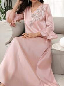 SHEIN Najma 女式 V 领串珠花朵层叠荷叶边袖阿拉伯连衣裙，春夏全长 Jalabiya 女式休闲连衣裙，端庄 - 粉色 - 查看 4