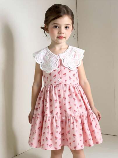 SHEIN Playful Pals 小女孩幼儿休闲日常花卉印花舒适百搭连衣裙，适合外出或居家