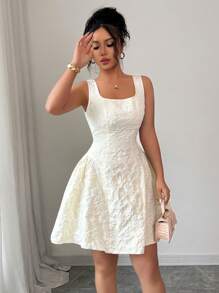 Elenzga Women Apricot Jacquard Textured Backless Tie Back Waist Flare Short Dress - Apricot - View 6