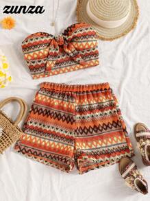 Set de 2 piezas Top corto tipo bandeau con nudo colorido tejido falso + Shorts de vacaciones de playa para adolescentes