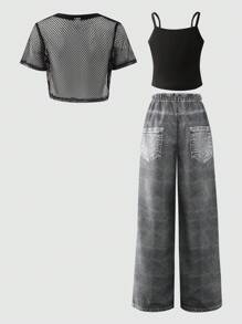 SHEIN Explorewe 3 件套青少年女孩夏季休闲宽松凉爽短款上衣、黑色修身吊带背心和阔腿裤，适合日常、度假、郊游、聚会、节日装 - 黑色 - 查看 2