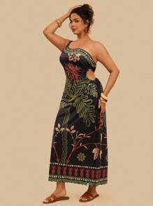 Travachic 大码假日休闲热带彩色棕榈树印花不对称肩部镂空抽绳腰部针织连衣裙，性感夏日海滩度假