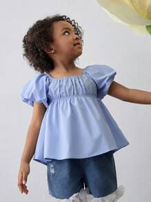 Maija Kids Maija Kids 少女花朵装饰花瓣袖圆领衬衫 - 藍色 - 查看 4