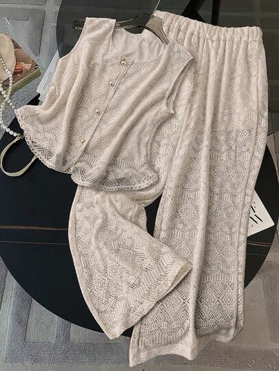 Everyssa زوجان من بنطلونات الراحة المحبوكة بتصميم كروشيه مفرغ جديد للنساء في الربيع والصيف (بنمط زهري)