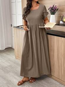 Linhara Plus Size A-Line Ruched Chiffon Short Sleeve Solid Color Dress Work Summer Dresses Women Plus Sun Dress Women Summer Clothing Women S Clothes