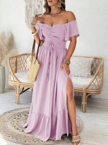 SHEIN Clasi Vestido largo con volantes, hombros descubiertos y cordón en la cintura, estilo elegante de moda para mujer talla grande, para primavera y verano - Púrpura malva - Ver 1