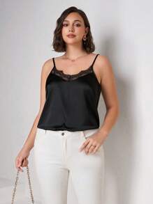 Chikora Plus Size Ladies Elegant Textured Solid Color Lace Splicing Cami Top, Silky Satin Fabric, Suitable For Daily Wear, Fashionable, Simple And Versatile, Summer Outfits For Women,Cami Top,Satin Top,Lace,Black,Summer Outfits For Women,Summer Tops Women - Black - View 2