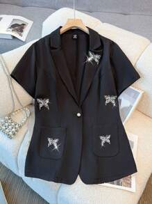 GlowEve CURVE Plus Size Women Butterfly Faux Pearl Lapel Neck Blazer Graduation,Back To School,Teacher - Black - View 6