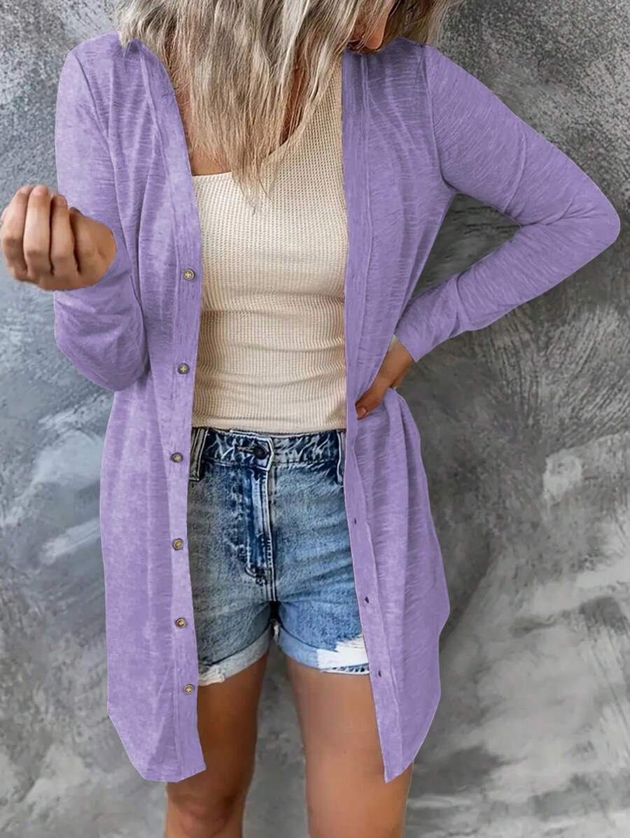 EMERY ROSE Áo khoác dài tay trơn màu thông thường cho nữ, thời trang cho mùa hè - Màu tím - Xem 1