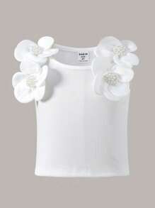 Kleine Mädchen Weißes ärmelloses Top mit Blumenmuster und Nieten Dekor, geeignet für Geburtstag, Urlaub und Sommerfeste