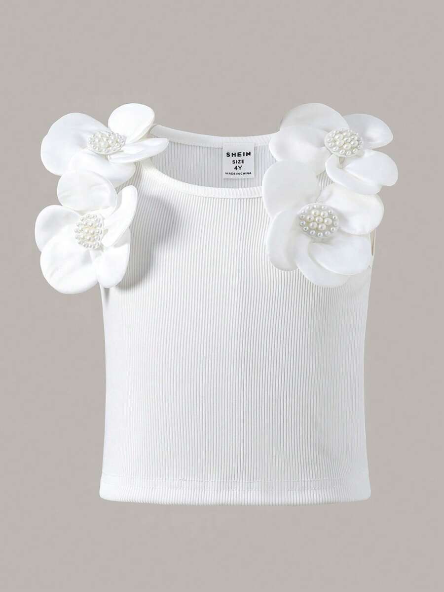 Kleine Mädchen Weißes ärmelloses Top mit Blumenmuster und Nieten Dekor, geeignet für Geburtstag, Urlaub und Sommerfeste