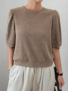 Dazy-Less Blus Wanita Lengan Pendek Elegan dengan Lengan Mengembang untuk Berpergian, Pakaian Kerja Kasual Musim Panas - Coklat - View 7