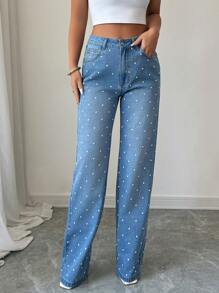 Elenzga 女士休闲优雅水钻珍珠装饰直筒牛仔裤 - 淺色水洗藍 - 查看 6