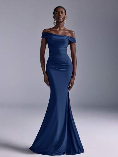 Elitara Elegant Ruched Off Shoulder Mermaid Hem Dress, Suitable For Wedding, Party, Bachelorette Party, Holiday, Prom, Bridesmaid (Adult) Gown
