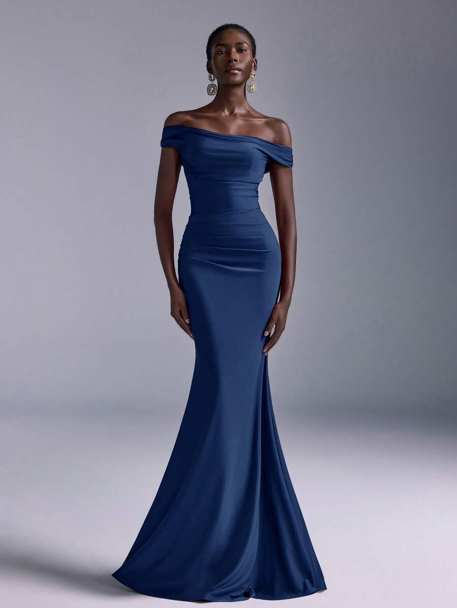 Elitara Elegant Ruched Off Shoulder Mermaid Hem Dress, Suitable For Wedding, Party, Bachelorette Party, Holiday, Prom, Bridesmaid (Adult) Gown - Navy Blue - View 1