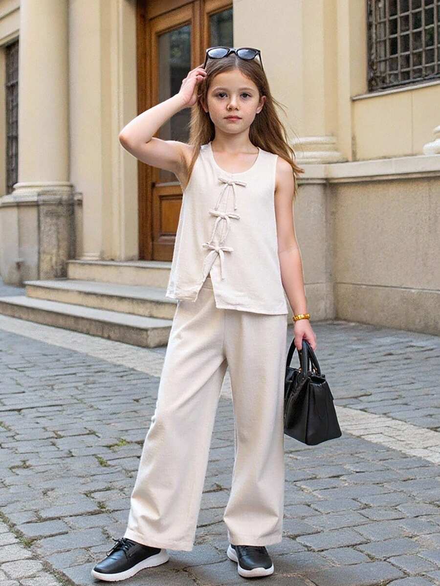 2 Stücke Set aus einfarbiger Strickjacke und weiter passender Hose für Kleine Mädchen - Khaki - Übersicht 1