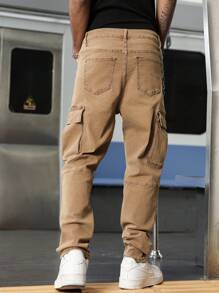 Manfinity Hypemode Men's Casual Street Style Flap Pocket Cargo Denim Jeans, Belt Not Included, Khaki Cargo Pants, Men Cargos, Men Clothes Cargo - Brown - View 2