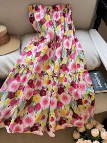 SHEIN VCAY 女士红色和粉色花卉绘画优雅 A 字裙，春季花园主题 - 彩色 - 查看 2