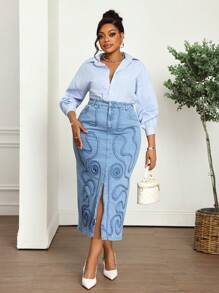 SHEIN Lady 大码休闲水洗开衩紧身牛仔裙