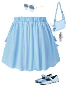 SHEIN Explorewe Tween Girl Sweet & Cool Solid Color Bow Decor Pleated Skirt - Baby Blue - View 2