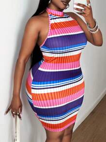 Maweii 大码紧身连衣裙，彩色条纹时尚新款 - 彩色 - 查看 6