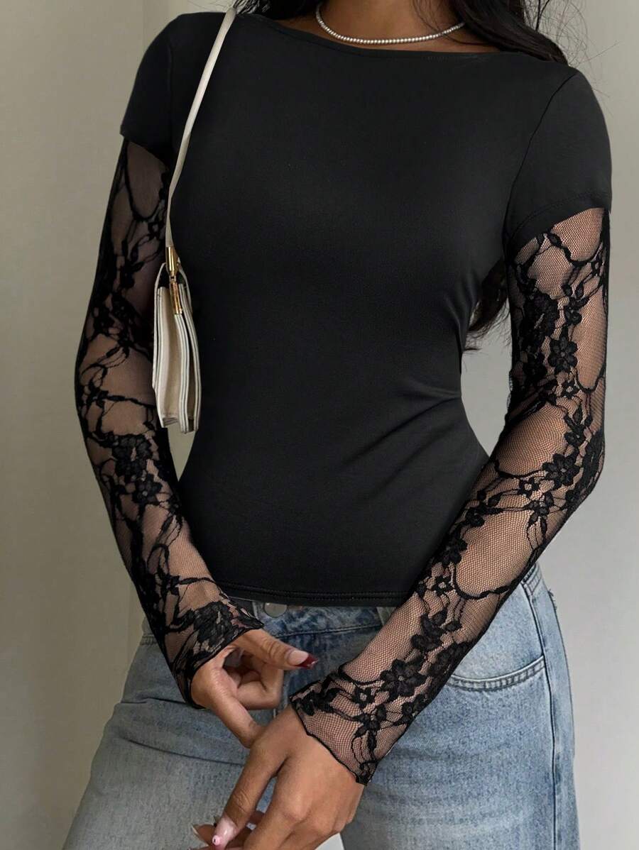 CovetEZ Áo len dệt kim dài tay chắp vá ren đen cho nữ, thường ngày mùa hè - màu đen - Xem 1