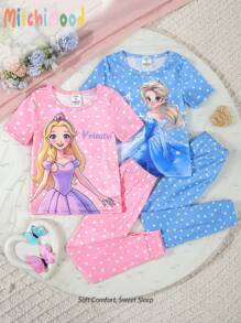SHEIN Conjunto de pijama ajustado de 4 piezas con estampado de corazón y estrella para niña, con top de manga corta y pantalones, en estilo princesa rosa y azul