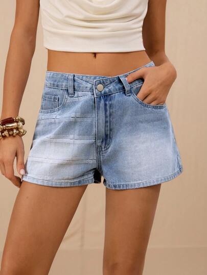 SHEIN Forever 21 Shorts vaqueros con estampado de cuadros y cintura asimétrica para mujeres, nueva llegada de verano