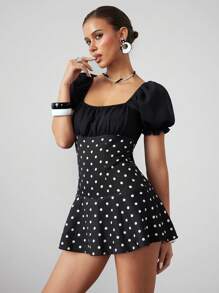 ROMWE Avant Retro Polka Dot Low-Cut Puff Sleeve Fitted Mini Dress, Vacation/Holiday Style - Black - View 6