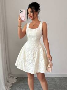 Elenzga Women Apricot Jacquard Textured Backless Tie Back Waist Flare Short Dress - Apricot - View 3