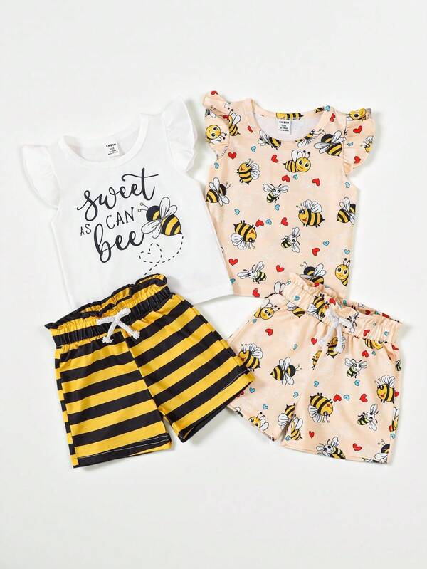 SHEIN 4 buc/Set Set de ținute casual cu imprimeu albine pentru fetițe