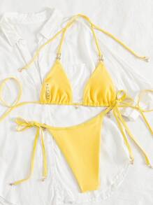 Swim Mod 2 chiếc/Bộ đồ bơi bikini buộc dây màu trơn thời trang mùa hè gợi cảm trang trí đáy hình sao biển + dây buộc bên hông - Màu vàng - Xem 2