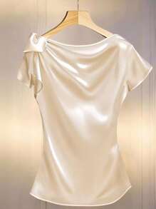Modelyn Solid Color Satin Draped Bow Decor Women Blouse - Apricot - View 2