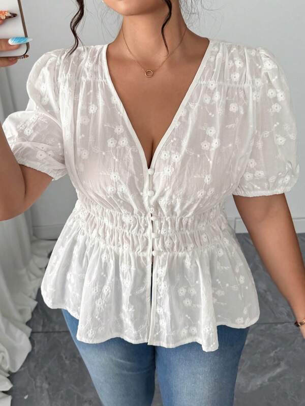 Elenzga Damen Große Größen elegante kurzärmlige Bluse mit Bindekragen, Vintage-Palast-Stil Blumenstickerei und exquisiter Rüschen-Puffärmel, für Frühling/Sommer