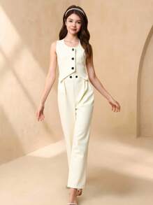 Teen Girls V-Neck Sleeveless Asymmetrical Hem Short Vest & Elastic Waist Solid Color Long Pants 2Pcs Set, Minimalist & Fashionable - Beige - View 1