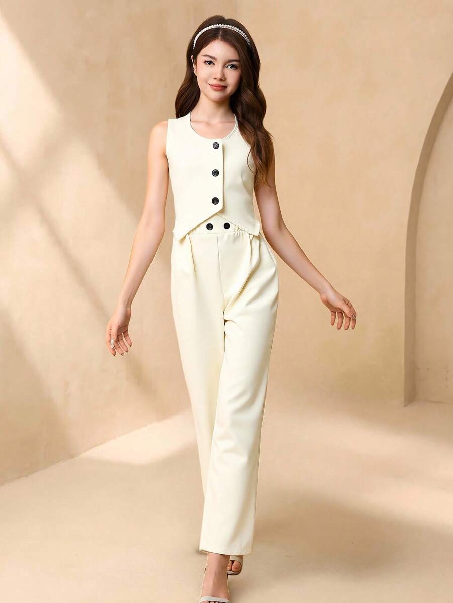 Teen Girls V-Neck Sleeveless Asymmetrical Hem Short Vest & Elastic Waist Solid Color Long Pants 2Pcs Set, Minimalist & Fashionable - Beige - View 1