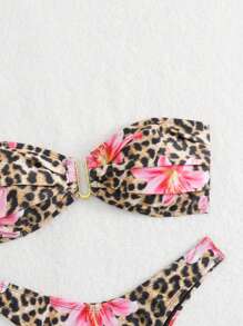 Leopard Floral Print Tankini Swimsuit, Holiday Beach Wear For Summer Beach Vacation - Multicolor - View 3