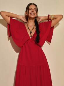 Bóhologie Vestido largo texturizado con escote en V y espalda descubierta, estilo bohemio