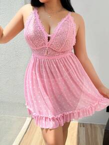SHEIN 2pcs Plus Size Lace Contrast Mesh Sexy Lingerie Set