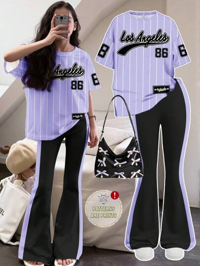 SHEIN Tween Girl 2Pcs Set Casual Minimalist Design Short Sleeve Top And Long Pants, Suitable For Summer