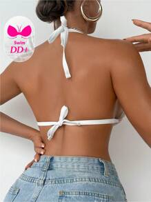 Swim DD+ Women's Summer Beach Solid Color Ruched Hollow-Out Sexy Halter Bikini Top - White - View 3