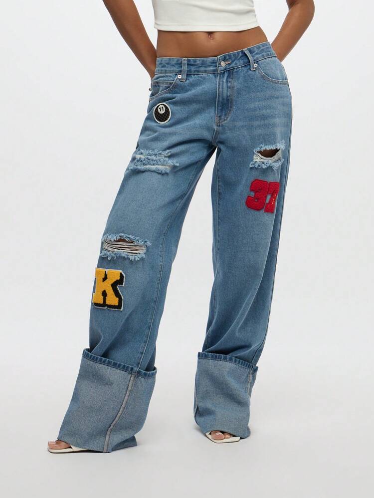 SUMWON WOMEN Extreme Wide Leg Relaxed Fit Baggy Distressed Jeans