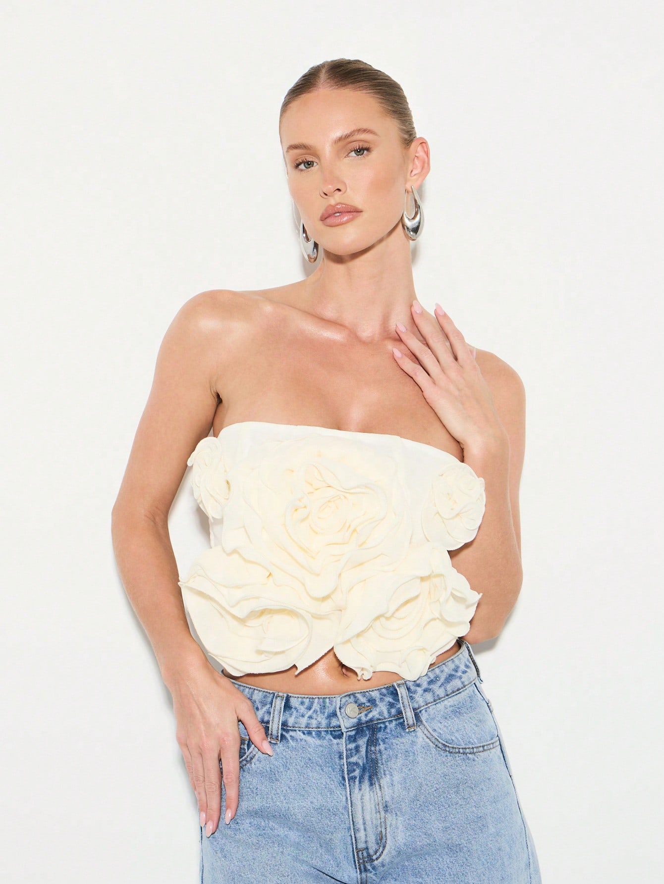 KIZN Rosette Texture Bandeau Strapless Crop Top Chiffon Ruched