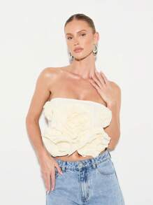 KIZN Rosette Texture Bandeau Strapless Crop Top Summer Festival Club Party Wear Chiffon Ruched Casual Chic - Beige - View 1