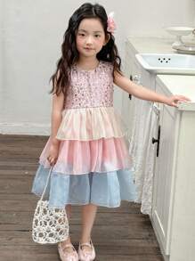 DAZY Vestido de fiesta de cumpleaños de cuello redondo con volantes de tul grueso para niñas (pequeño), de verano