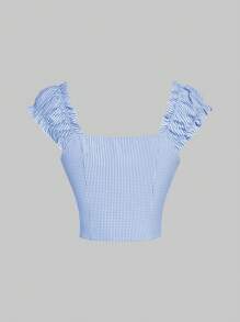 Sweetra Women's Short Sleeve Plaid Square Neck Collar Button-Up Shirt With Frill Trim And Bow, Suitable For Spring, Summer, Autumn - Blue and White - View 2