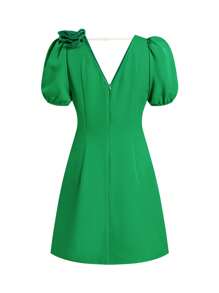 Ellevyn 夏季优雅女装绿色立体花朵心形领泡泡袖开叉腰A字迷你连衣裙，适合各种场合穿着 - 綠色 - 查看 4