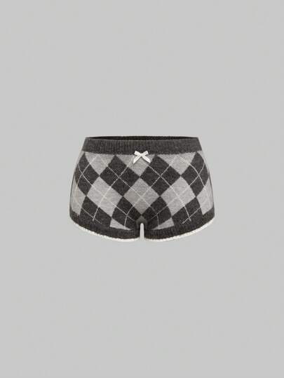 J-Fashion Y2K Preppy Diamond Contrast Lace Trim Bow Sweater And Shorts Set